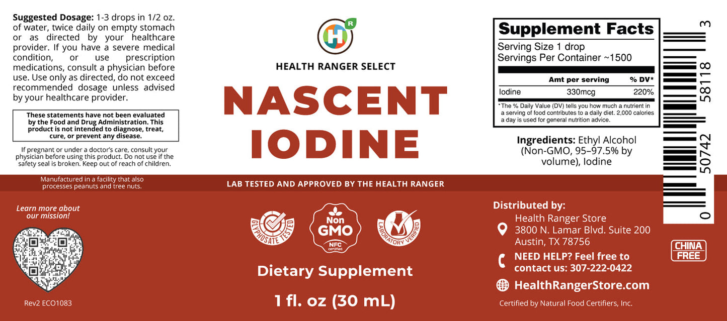 Health Ranger's Nascent Iodine 1 fl oz (30ml) | 2 Percent Strength