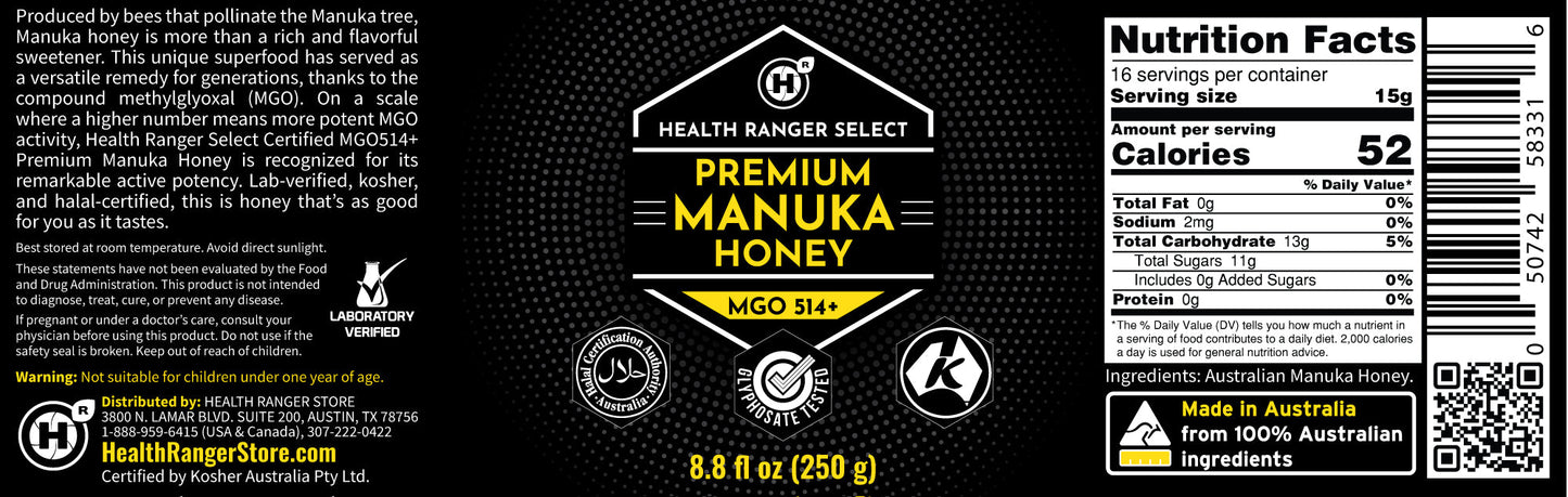 Premium Manuka Honey | MGO 514+ (15+ NPA) | 8.8 fl oz (250g)