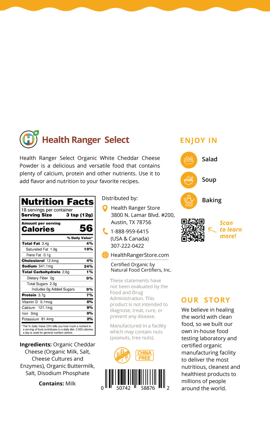 Organic White Cheddar Cheese Powder 8 oz (227g)