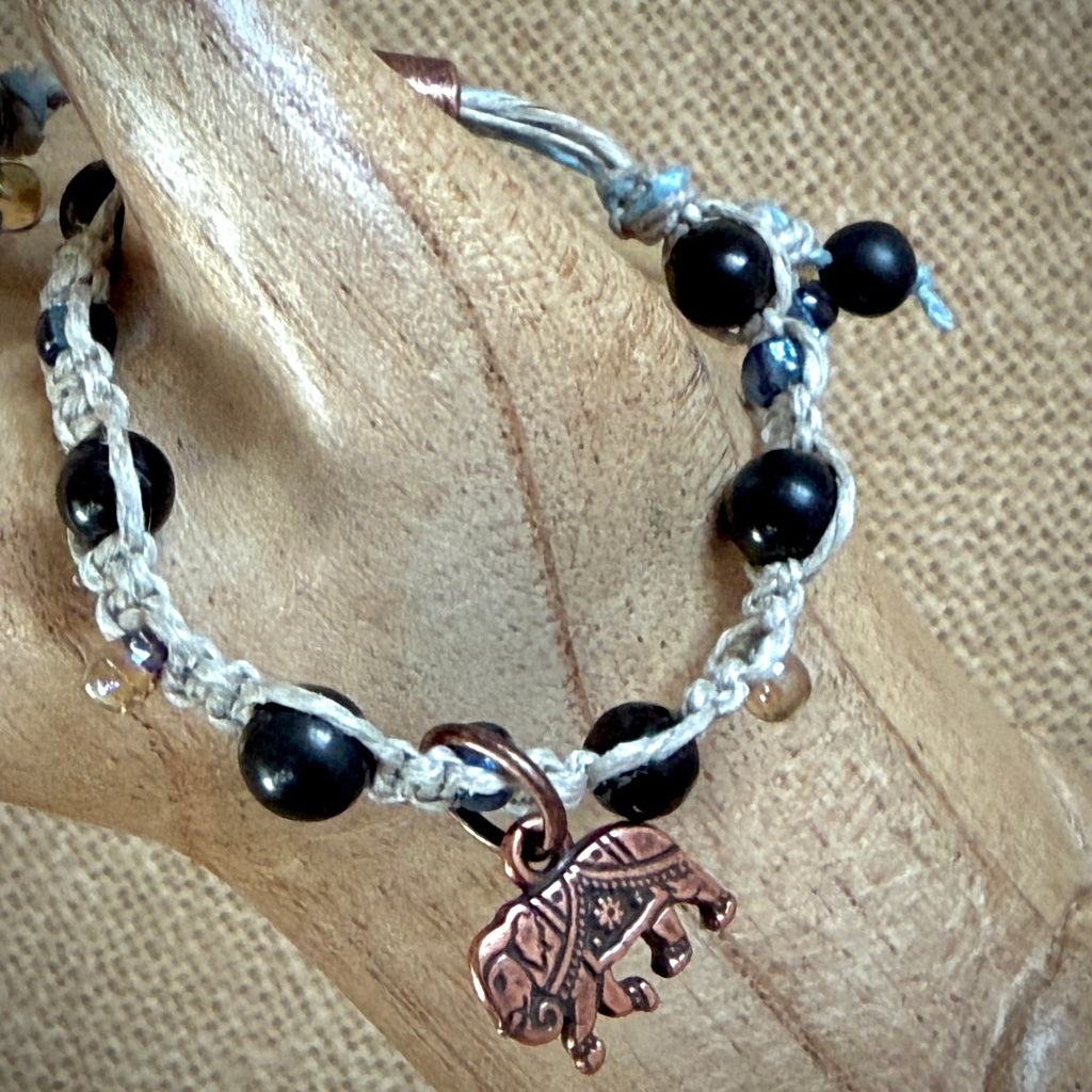 Adjustable Shungite Bracelet for Kids | Copper Elephant on Linen 2