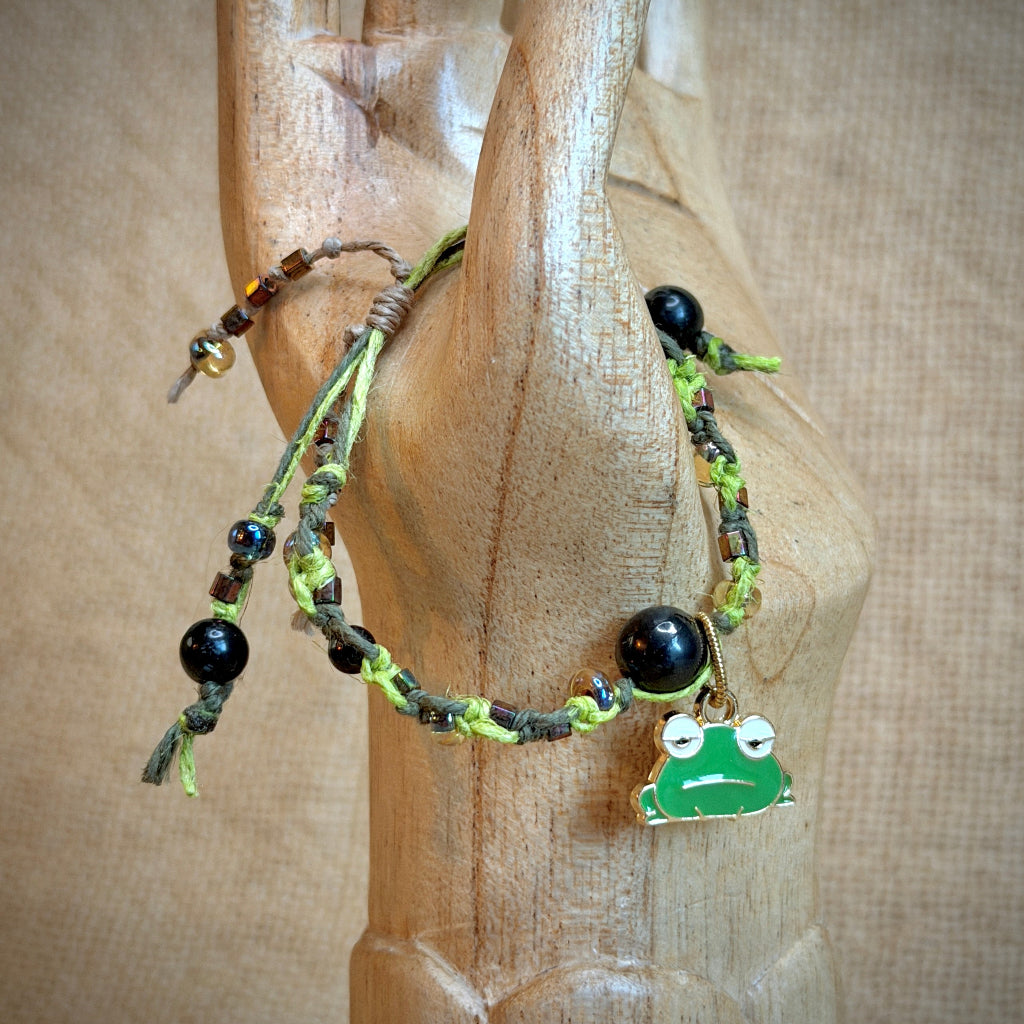 Adjustable Shungite Bracelet for Kids | Grumpy Frog on Green Hemp 3