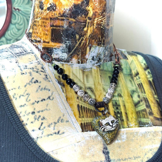 Artisan Cat Pendant Shungite Necklace | With Copper & Salwag Seed Beads