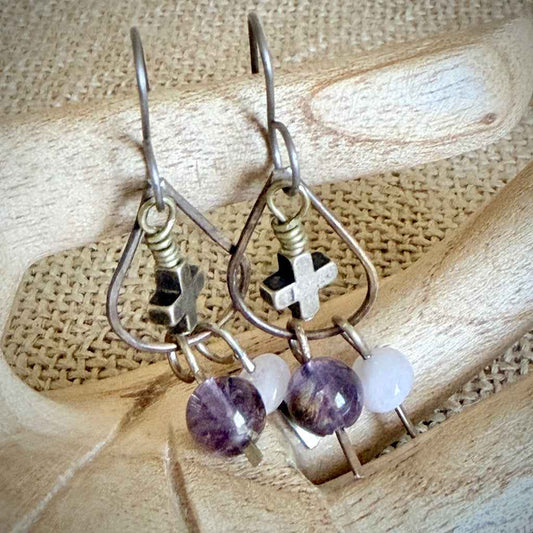 Ascension Teardrop Cross Earrings | Cacoxenite & Morganite