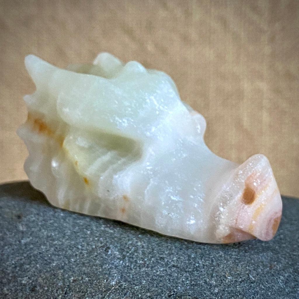 Carved Onyx Dragon Skull on Tumbled Amber in Shungite Tea Light Holder