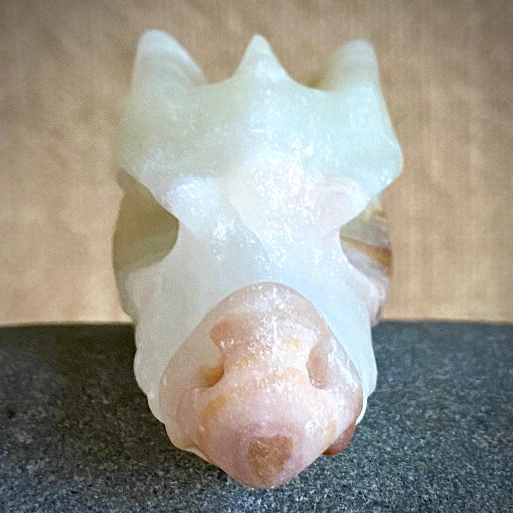 Carved Onyx Dragon Skull on Tumbled Amber in Shungite Tea Light Holder