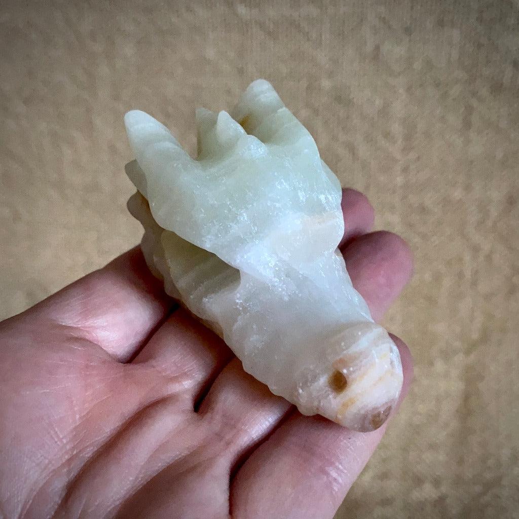 Carved Onyx Dragon Skull on Tumbled Amber in Shungite Tea Light Holder