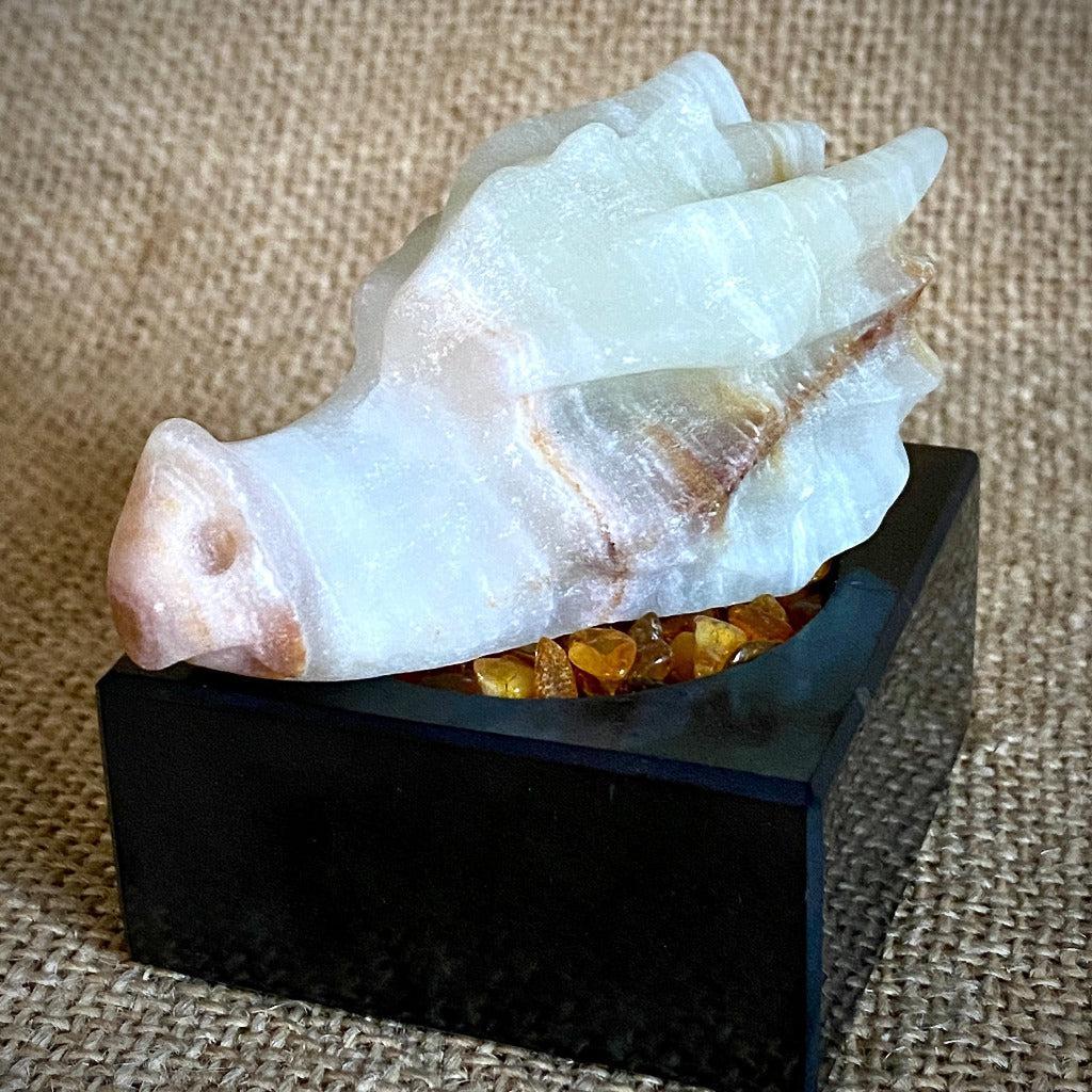 Carved Onyx Dragon Skull on Tumbled Amber in Shungite Tea Light Holder