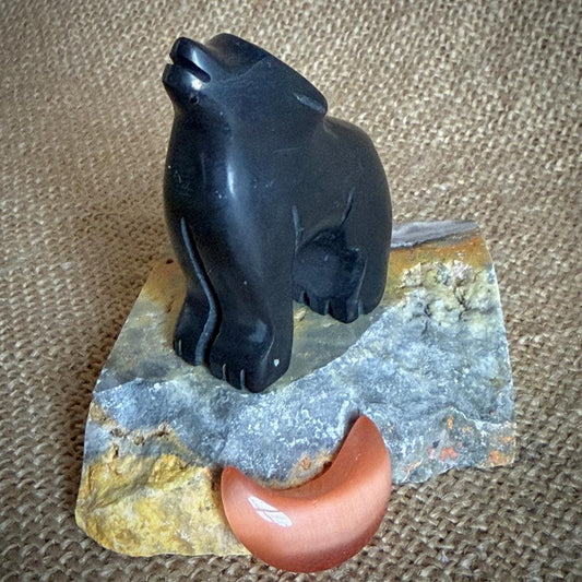 Carved Shungite Wolf With Selenite Crescent Moon | On Bumblebee Jasper