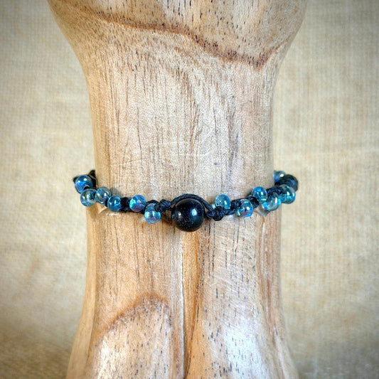 Dangly Adjustable Beaded Shungite Bracelet | Iridescent Blue Glass