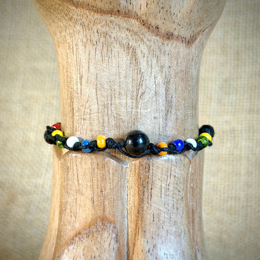 Dangly Adjustable Beaded Shungite Bracelet | Multicolor on Black Hemp 1