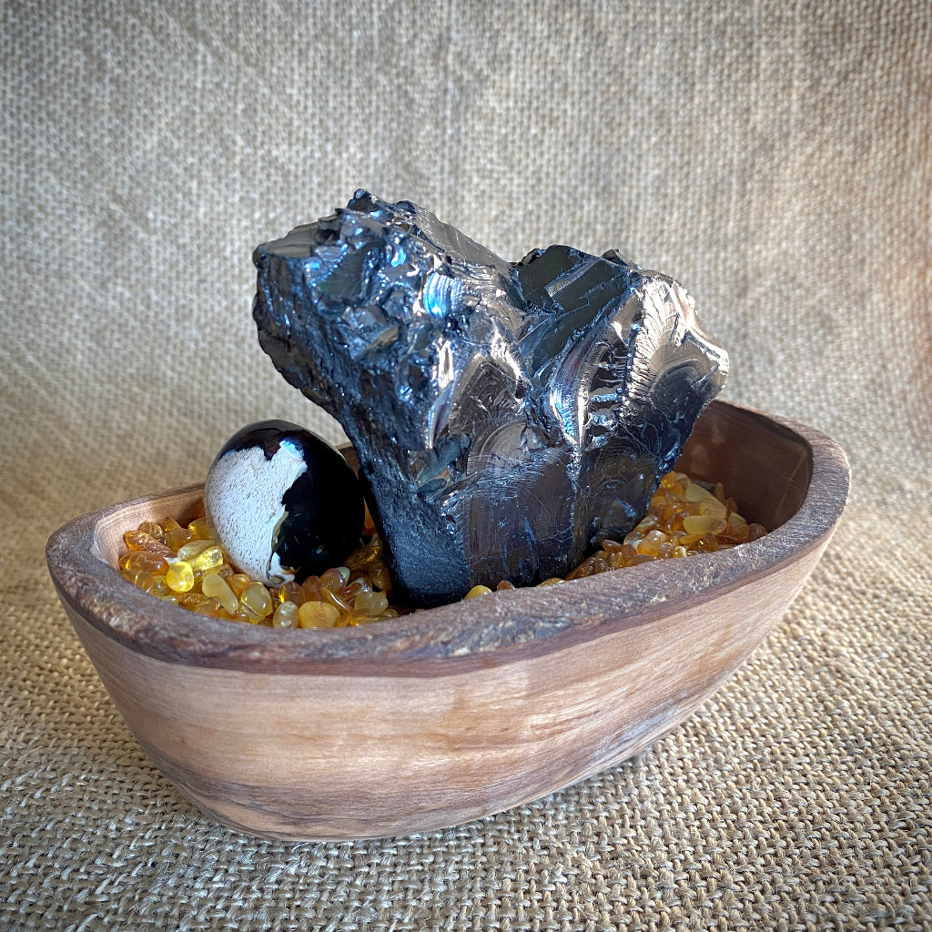 Elite Shungite Nugget 164g | Olive Wood Bowl, Baltic Amber 3