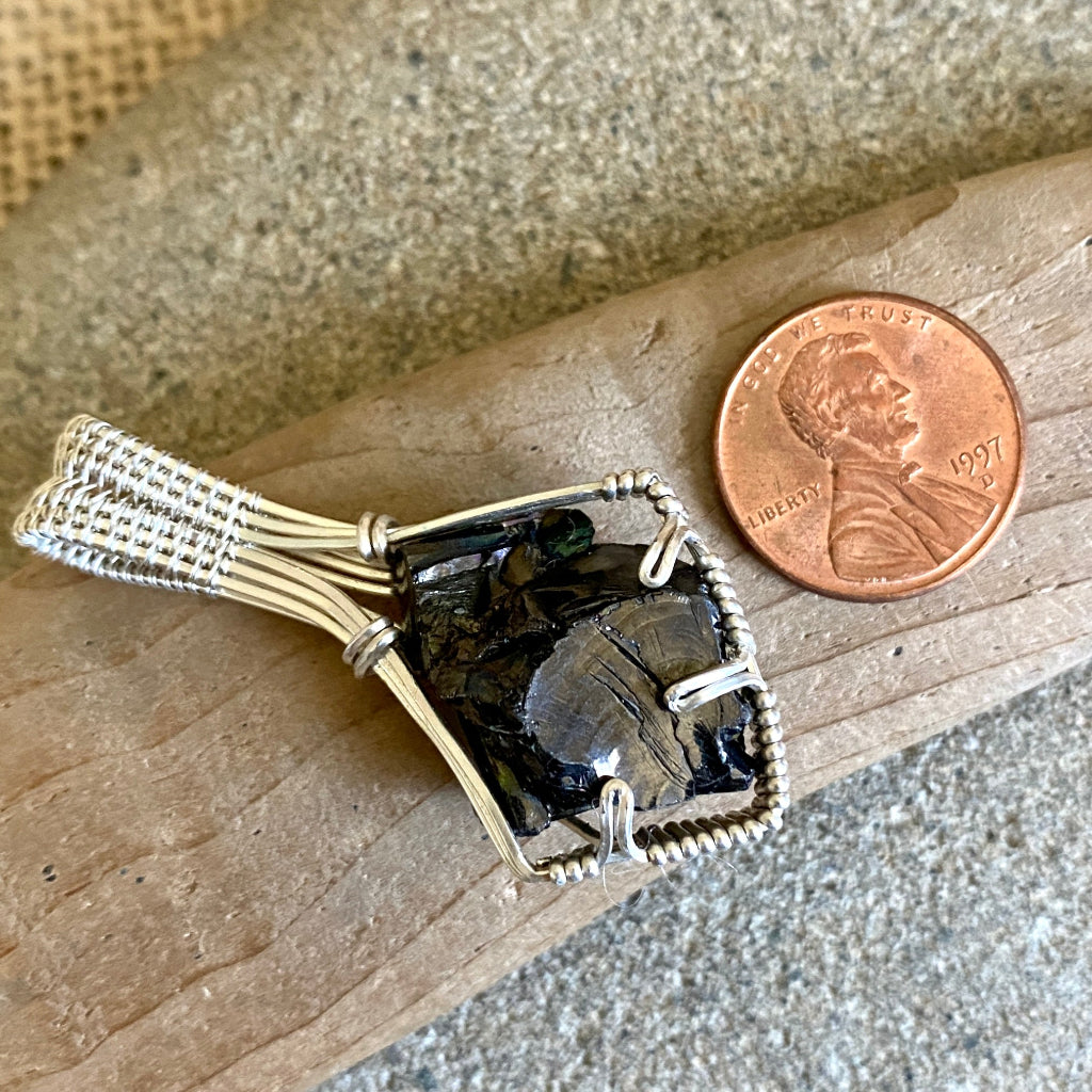 Elite Shungite Pendant | 7.8 g Woven Argentium Silver Setting Penny