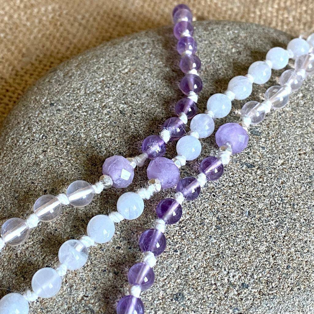 Goddess Mala Necklace with Rose Quartz, Amethyst, and Moonstone Beads