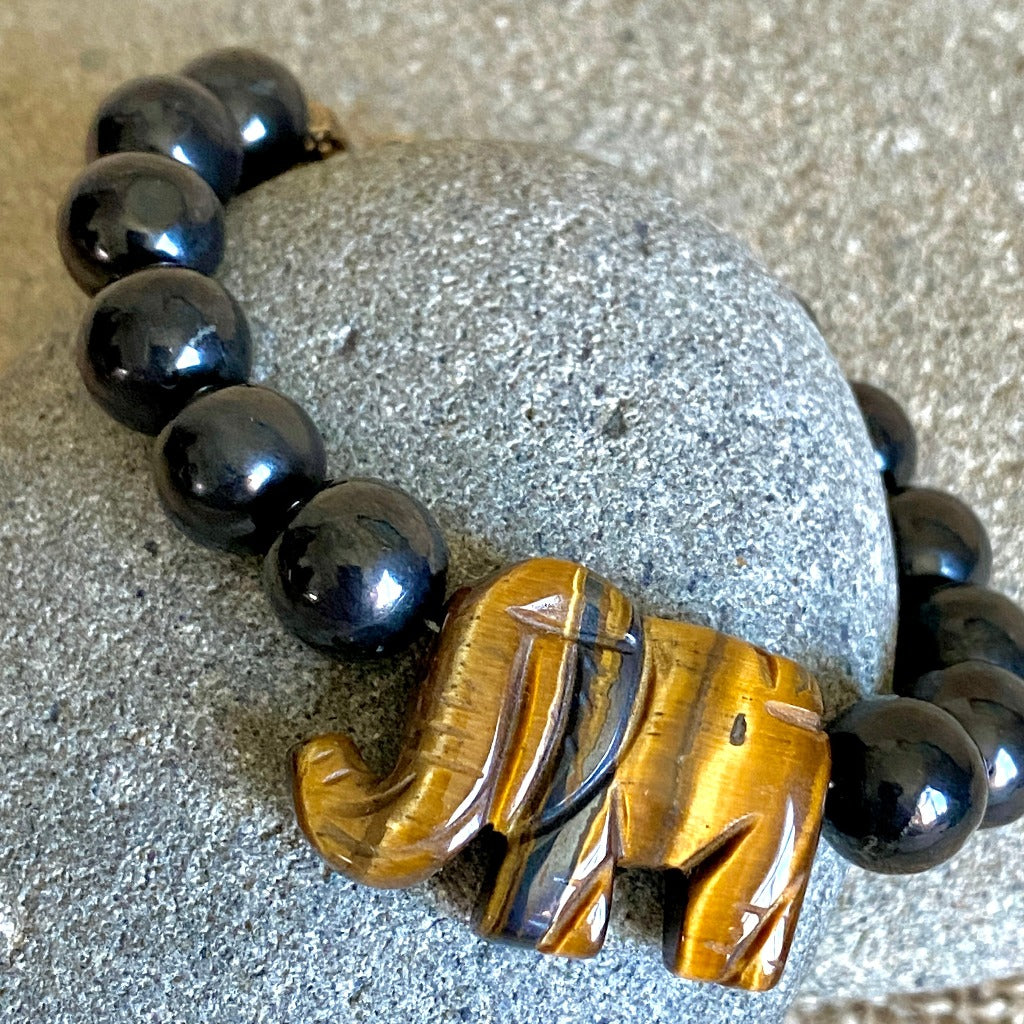 Shungite Bracelet, Yellow Tiger's Eye Elephant Bead, Brass