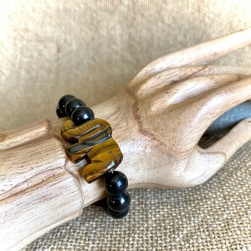 Shungite Bracelet, Yellow Tiger's Eye Elephant Bead, Brass