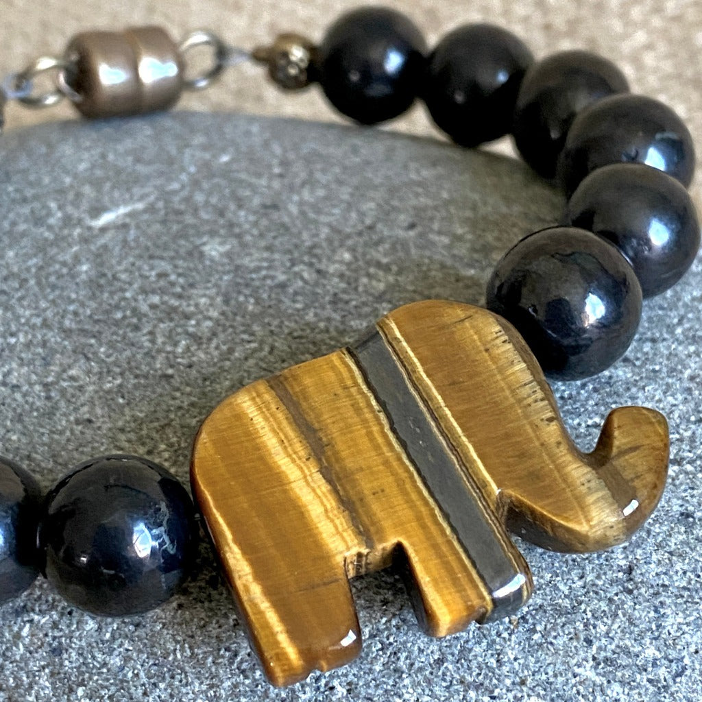 Shungite Bracelet, Yellow Tiger's Eye Elephant Bead, Brass