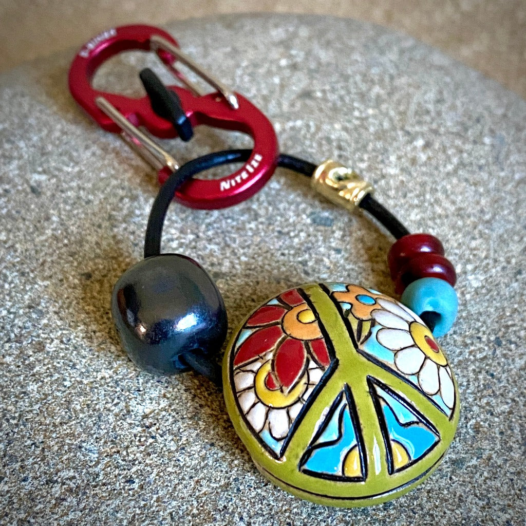 Retro Peace Sign Ceramic Lentil Bead Clip-On with Shungite Cube Bead