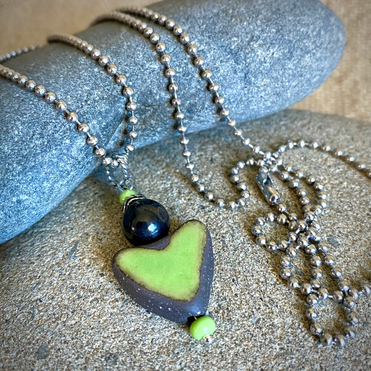 Green Stoneware Heart Pendant with Shungite Bead on Silver Ball Chain