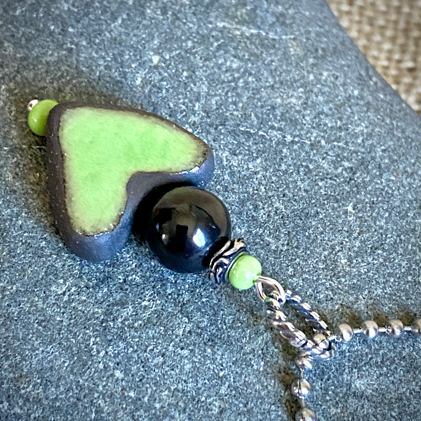Green Stoneware Heart Pendant with Shungite Bead on Silver Ball Chain