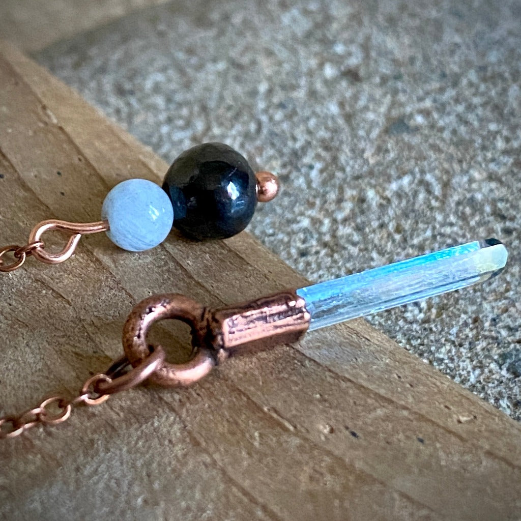 Raw Aquamarine Crystal Pendulum on Copper Chain with Shungite Grip