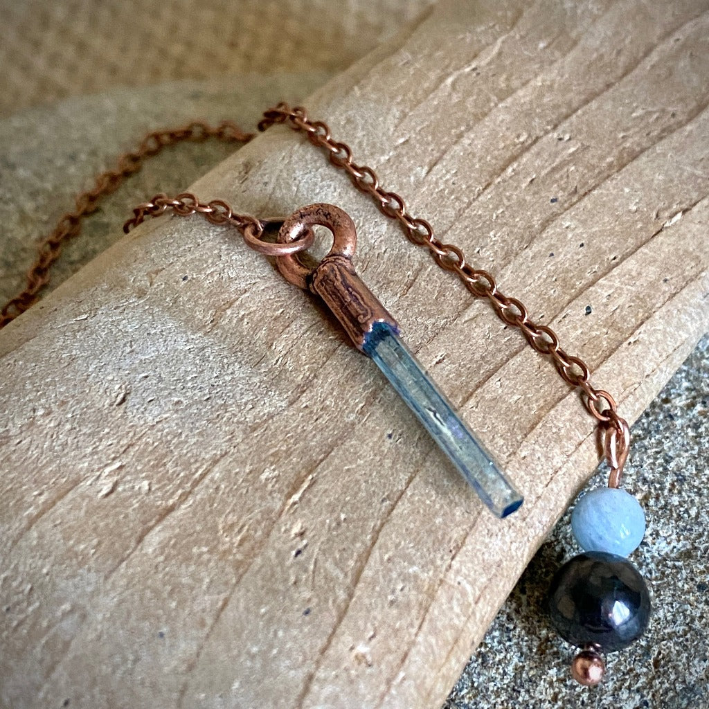 Raw Aquamarine Crystal Pendulum on Copper Chain with Shungite Grip