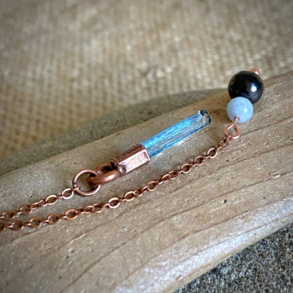 Raw Aquamarine Crystal Pendulum on Copper Chain with Shungite Grip