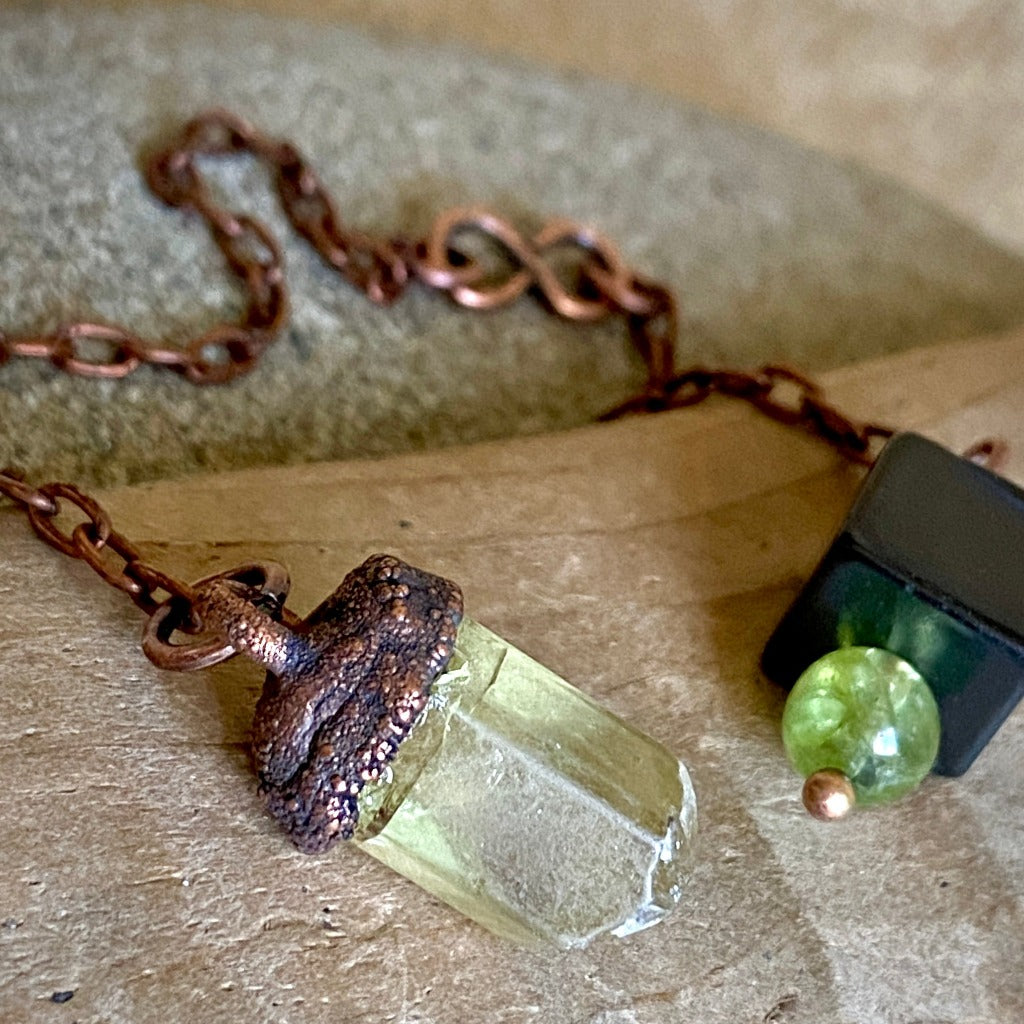 Apatite Crystal Pendulum on Copper Chain with Peridot & Shungite Grip