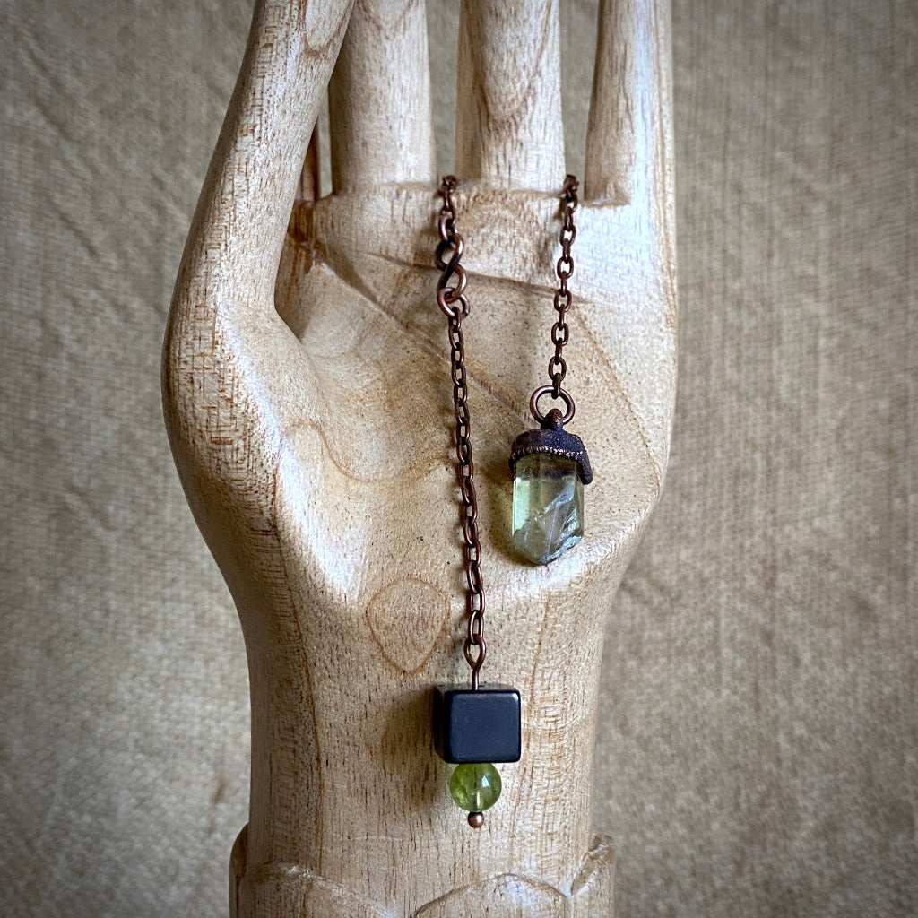 Apatite Crystal Pendulum on Copper Chain with Peridot & Shungite Grip