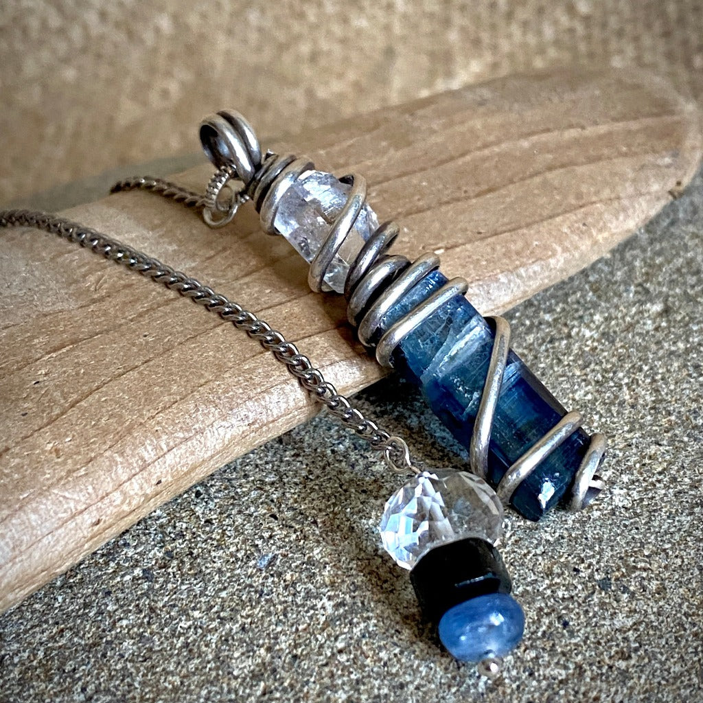 Blue Kyanite, Quartz, & Shungite Pendulum on Pure Titanium Chain
