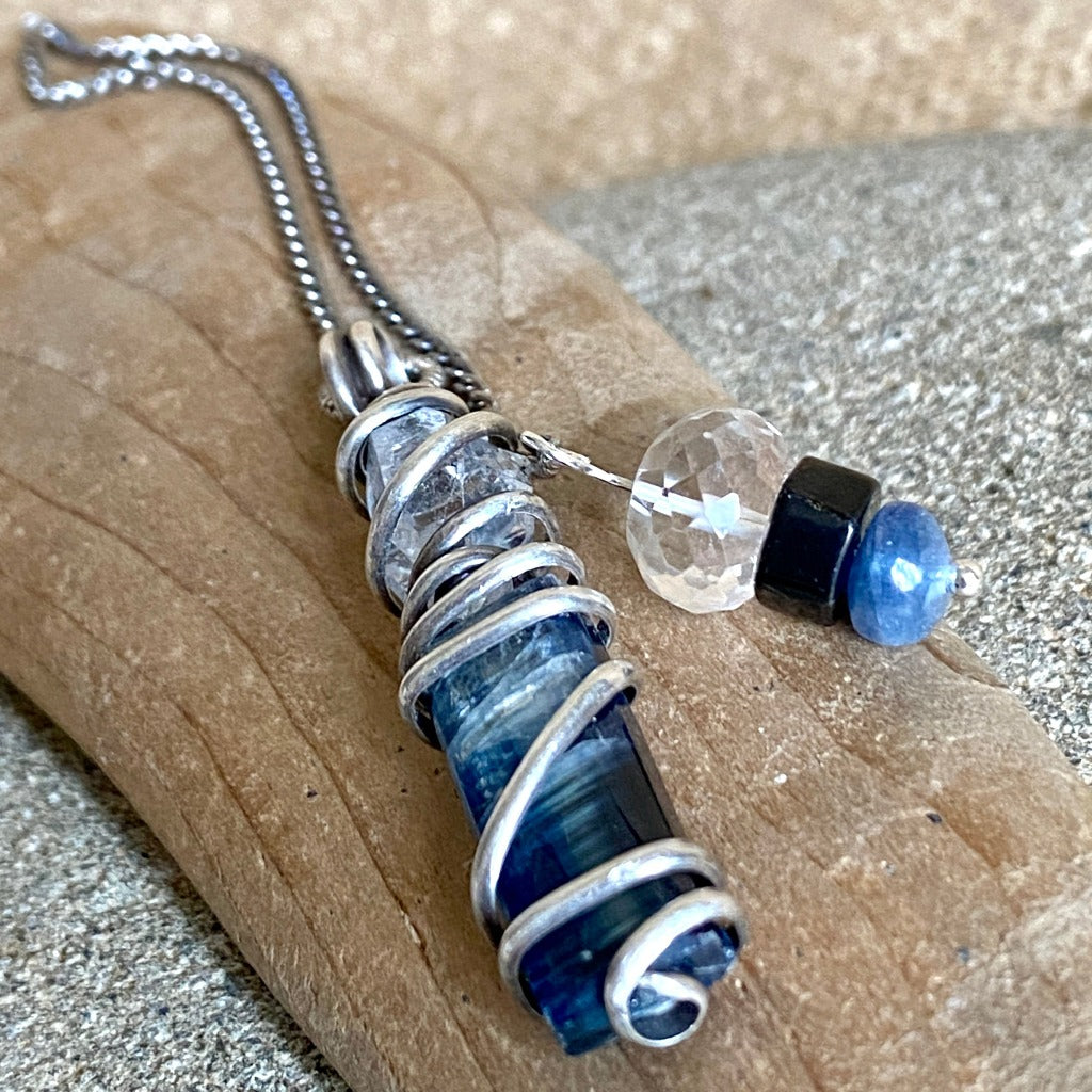 Blue Kyanite, Quartz, & Shungite Pendulum on Pure Titanium Chain