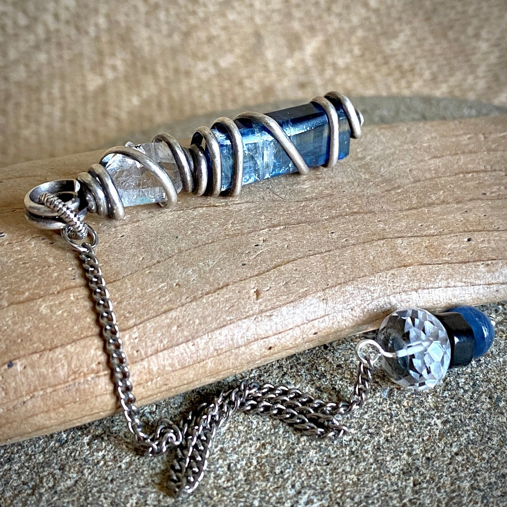 Blue Kyanite, Quartz, & Shungite Pendulum on Pure Titanium Chain