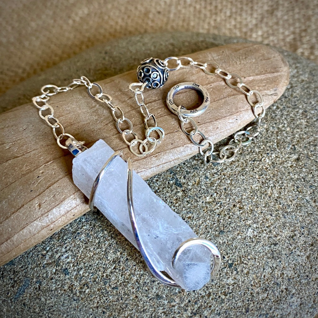 Danburite Pendulum, Sterling Silver Chain, Hill Tribe Silver Ring Grip