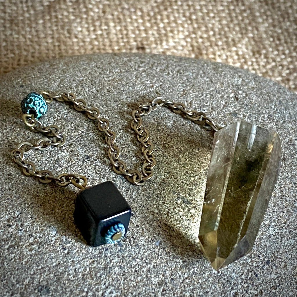 Citrine With Heat Zone Phantom Pendulum, Shungite, Brass, Green Patina