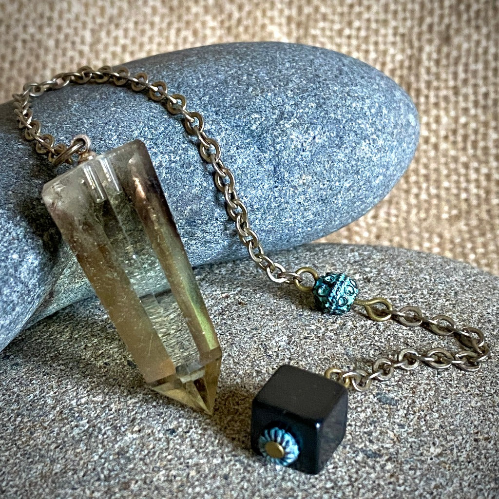 Citrine With Heat Zone Phantom Pendulum, Shungite, Brass, Green Patina