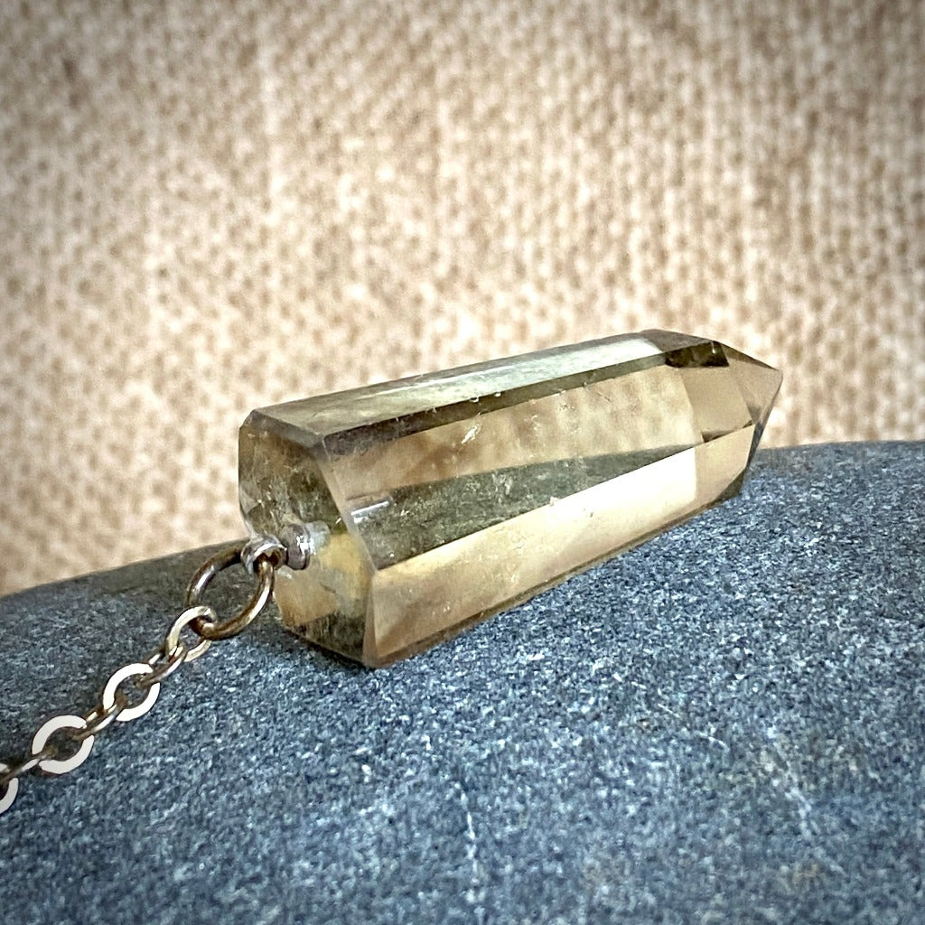 Citrine With Heat Zone Phantom Pendulum, Shungite, Brass, Green Patina