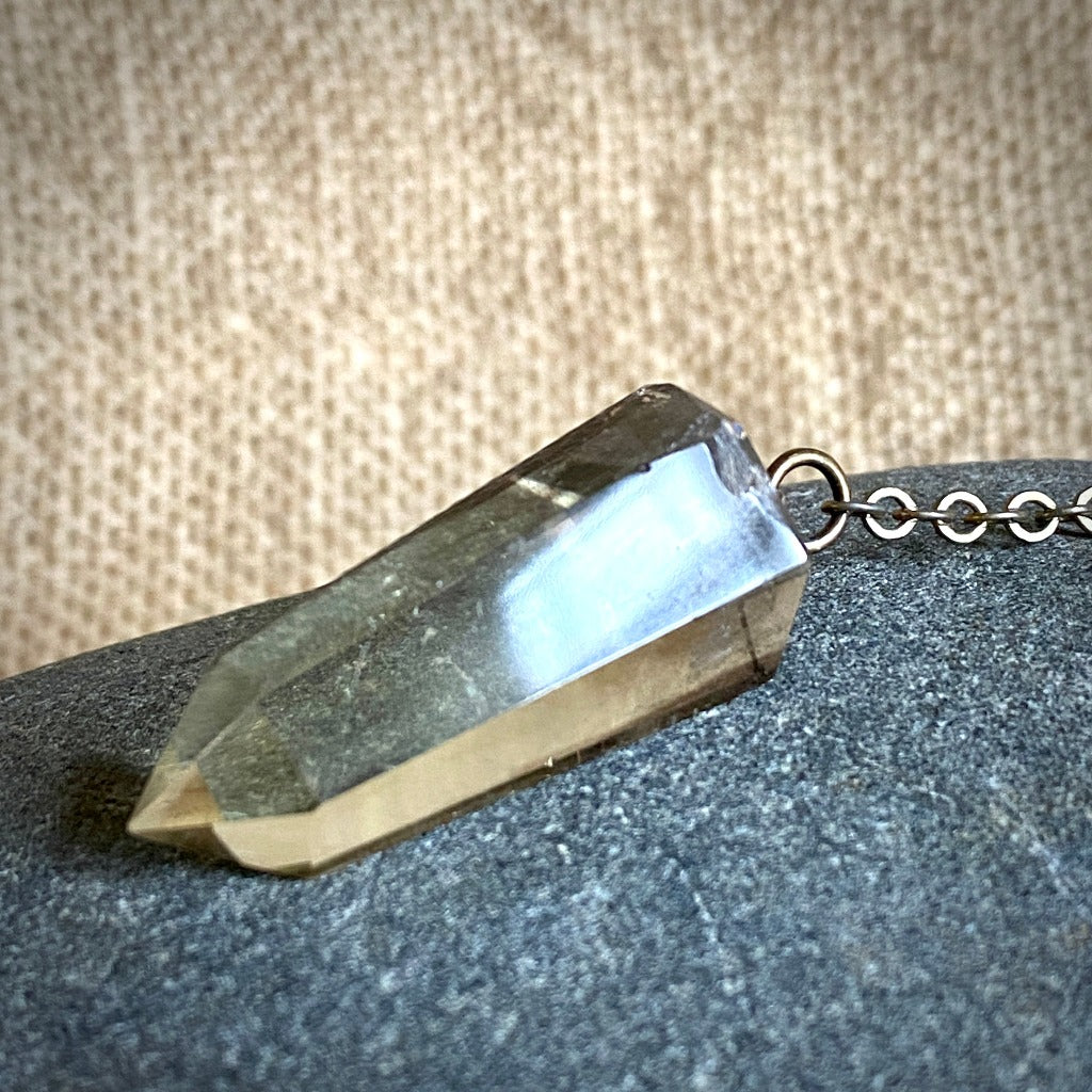 Citrine With Heat Zone Phantom Pendulum, Shungite, Brass, Green Patina