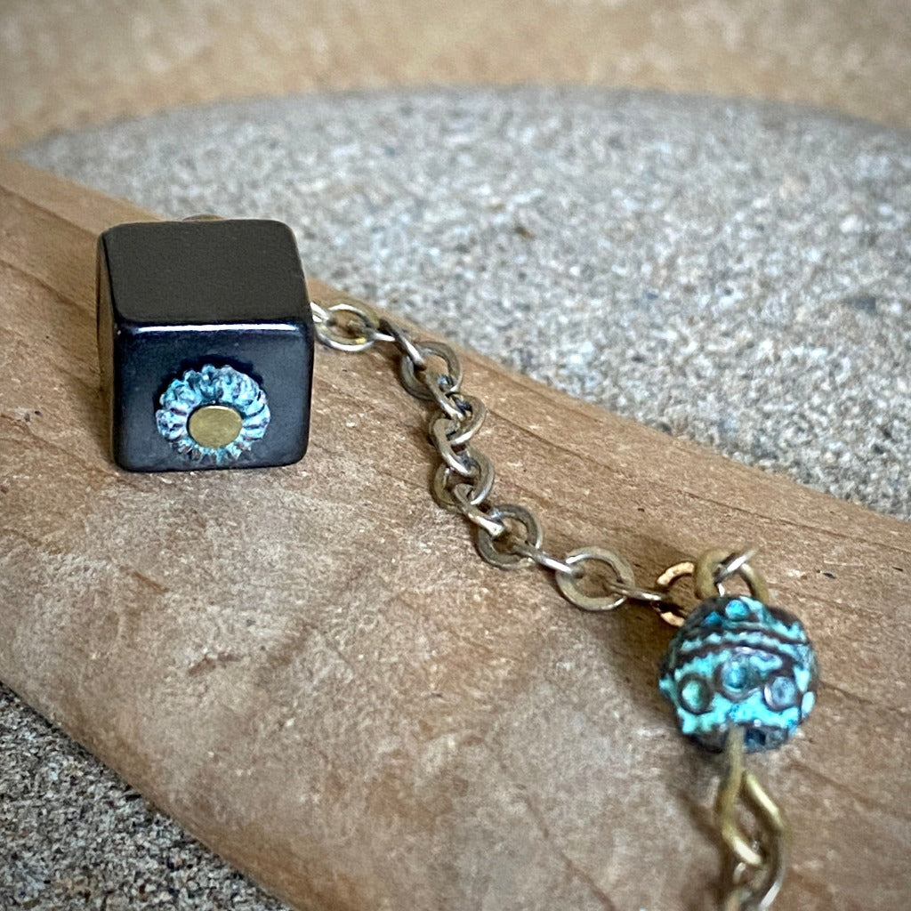 Citrine With Heat Zone Phantom Pendulum, Shungite, Brass, Green Patina