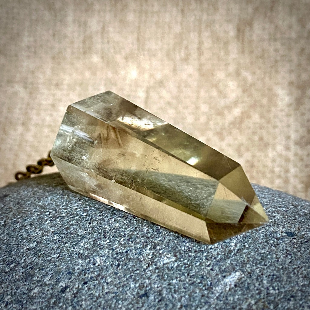 Citrine With Heat Zone Phantom Pendulum, Shungite, Brass, Green Patina