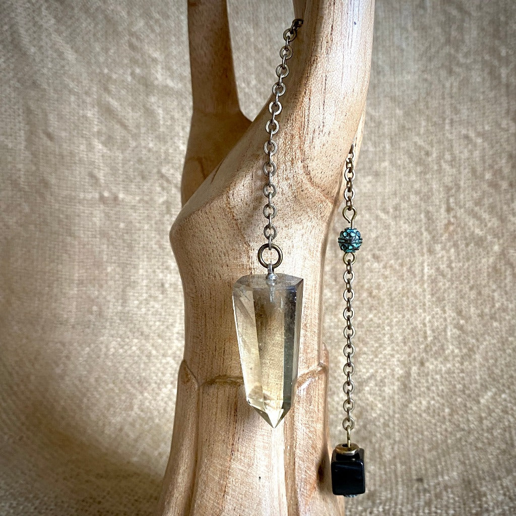 Citrine With Heat Zone Phantom Pendulum, Shungite, Brass, Green Patina