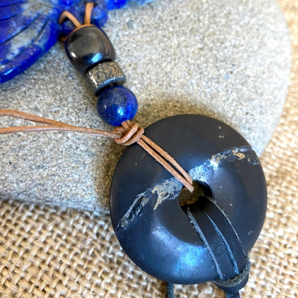 Lapis Butterfly Necklace with Shungite Donut, Natural Pyrite Beads