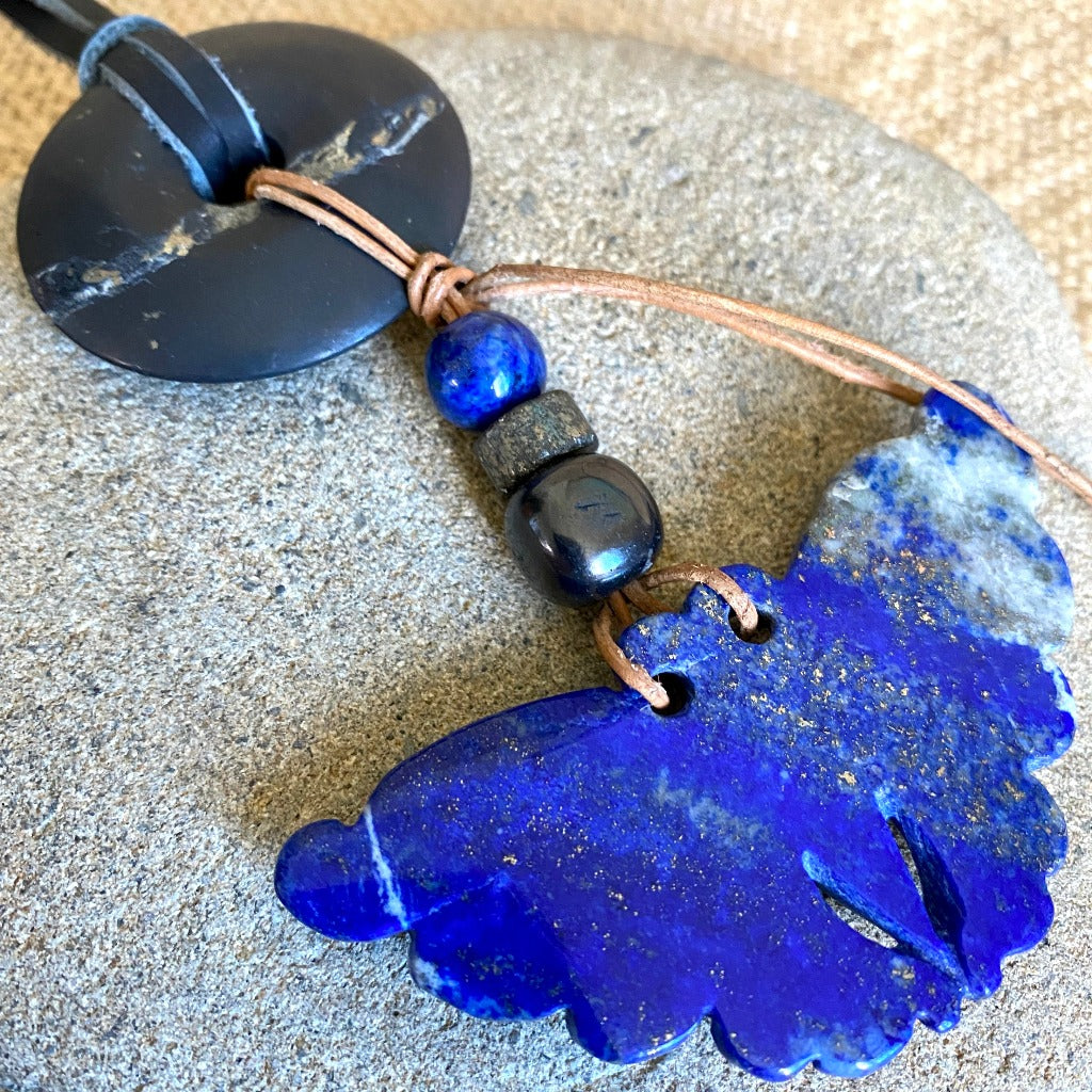 Lapis Butterfly Necklace with Shungite Donut, Natural Pyrite Beads