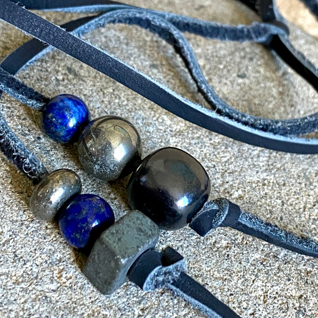 Lapis Butterfly Necklace with Shungite Donut, Natural Pyrite Beads