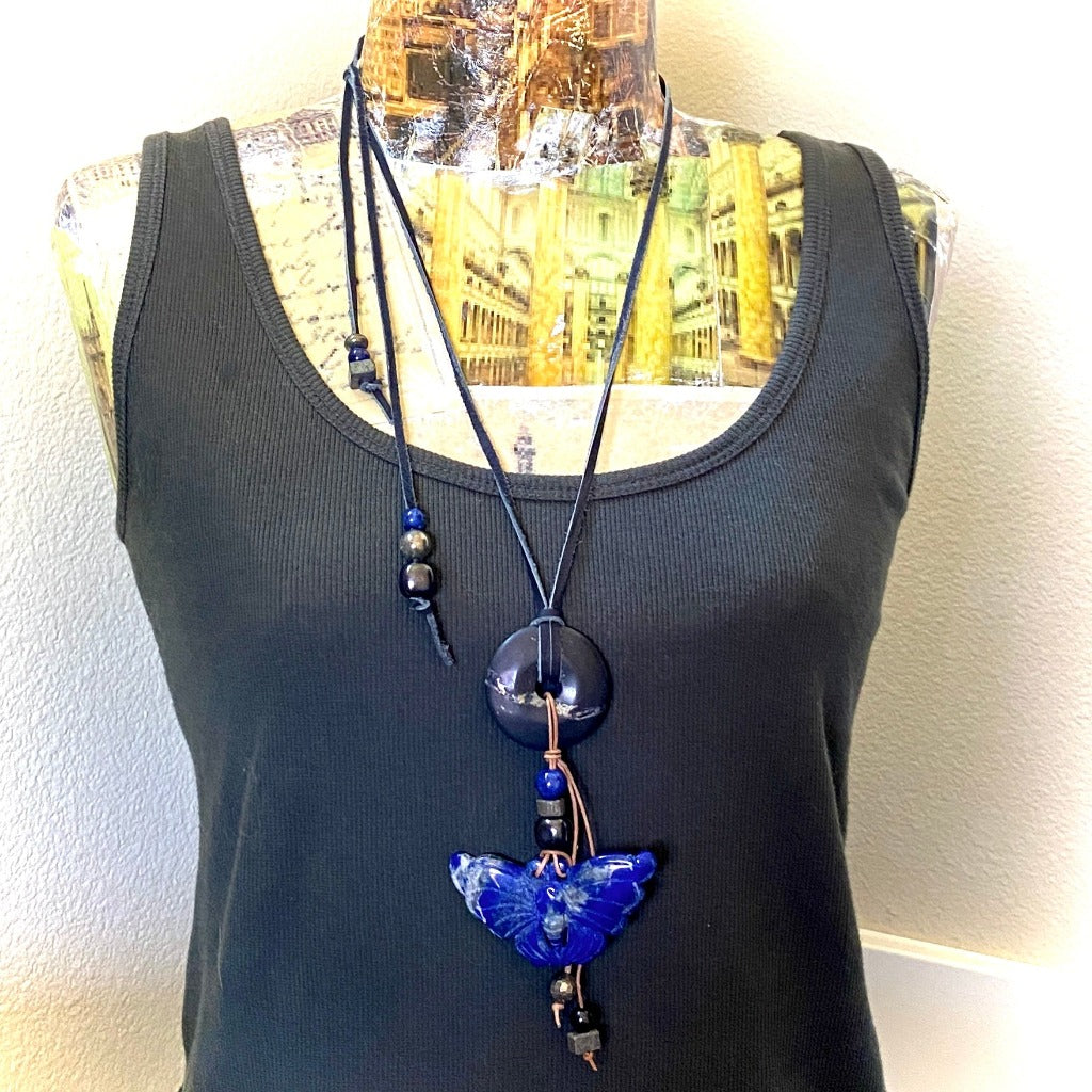 Lapis Butterfly Necklace with Shungite Donut, Natural Pyrite Beads