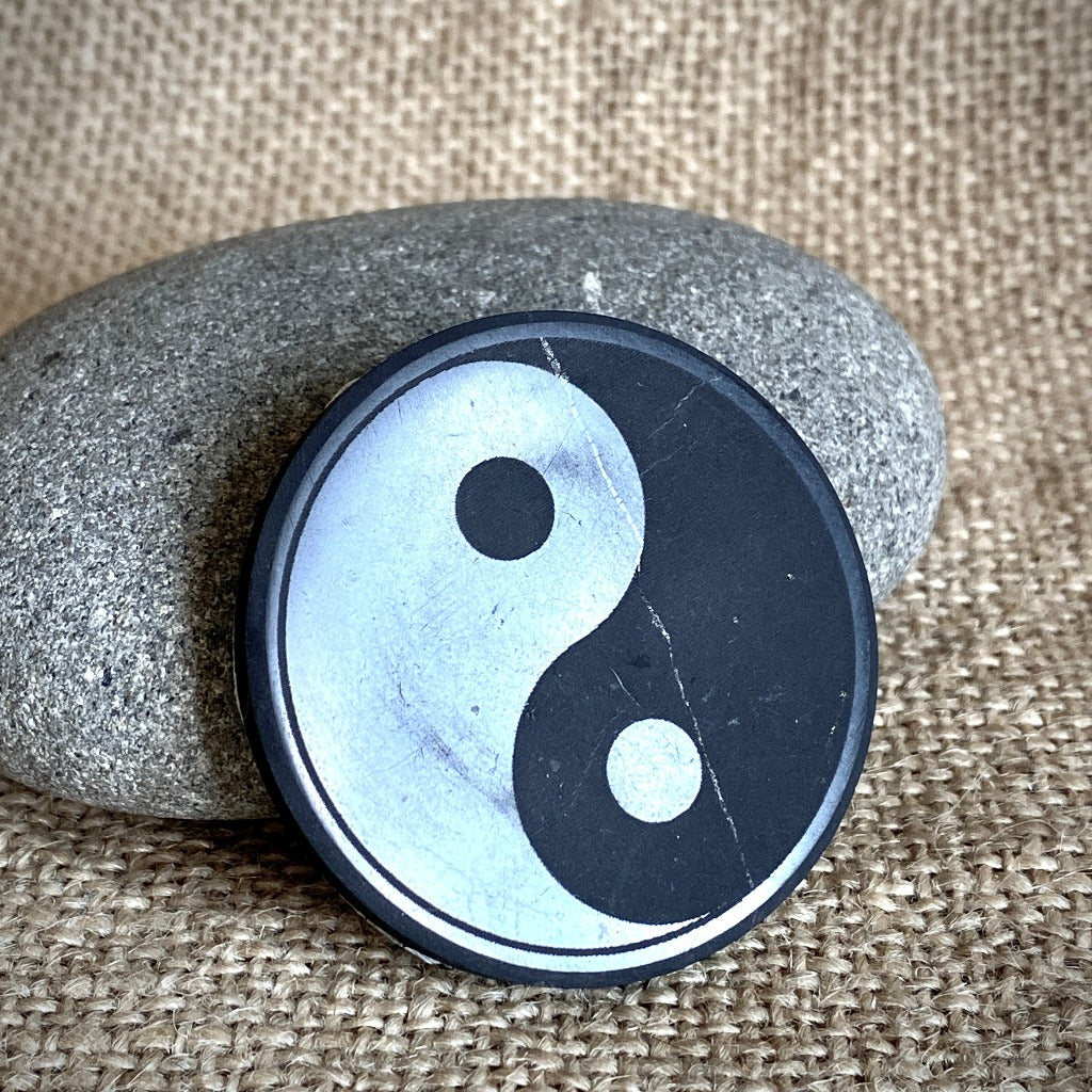 Jumbo Sized Shungite Phone Plate with Yin Yang, Adhesive Back