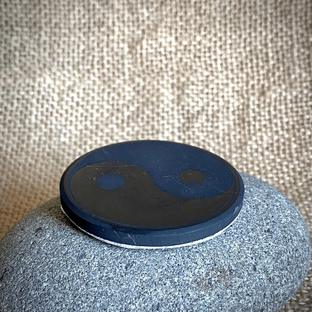 Jumbo Sized Shungite Phone Plate with Yin Yang, Adhesive Back