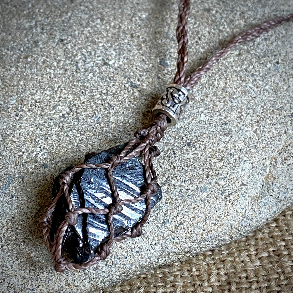 Elite Shungite Nugget Adjustable Macrame Necklace, Brown Waxed Cord