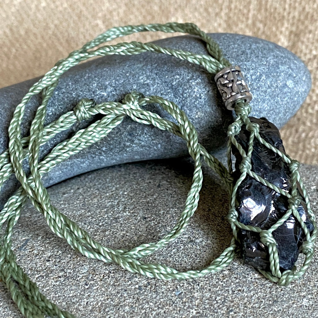 Elite Shungite Nugget Adjustable Macrame Necklace, Green Waxed Cord