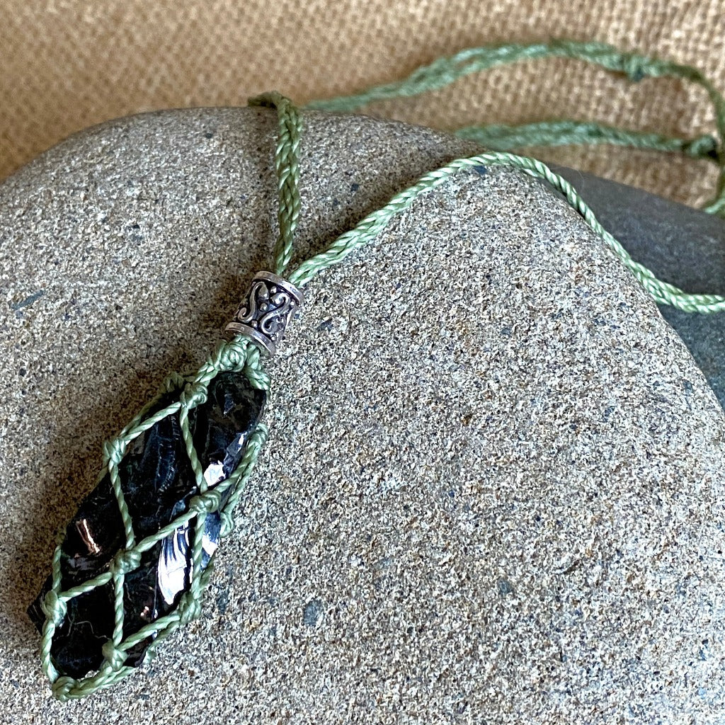 Elite Shungite Nugget Adjustable Macrame Necklace, Green Waxed Cord