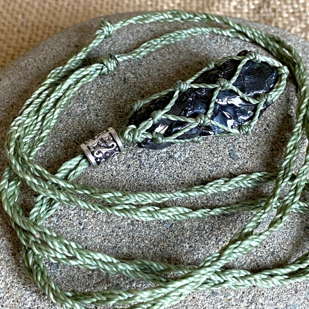 Elite Shungite Nugget Adjustable Macrame Necklace, Green Waxed Cord