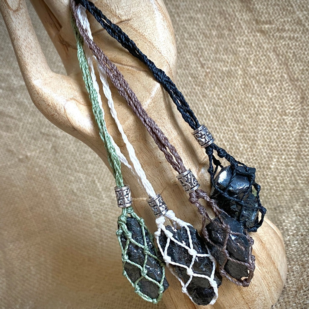 Elite Shungite Nugget Adjustable Macrame Necklace, Brown Waxed Cord